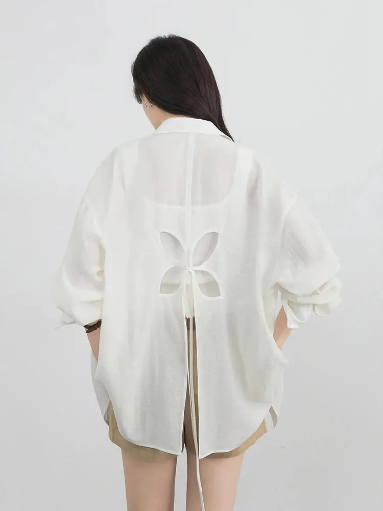 CHIC VEN women’s white back-cutout long-sleeve blouse by Simples Market, loose casual shirt with floral back opening