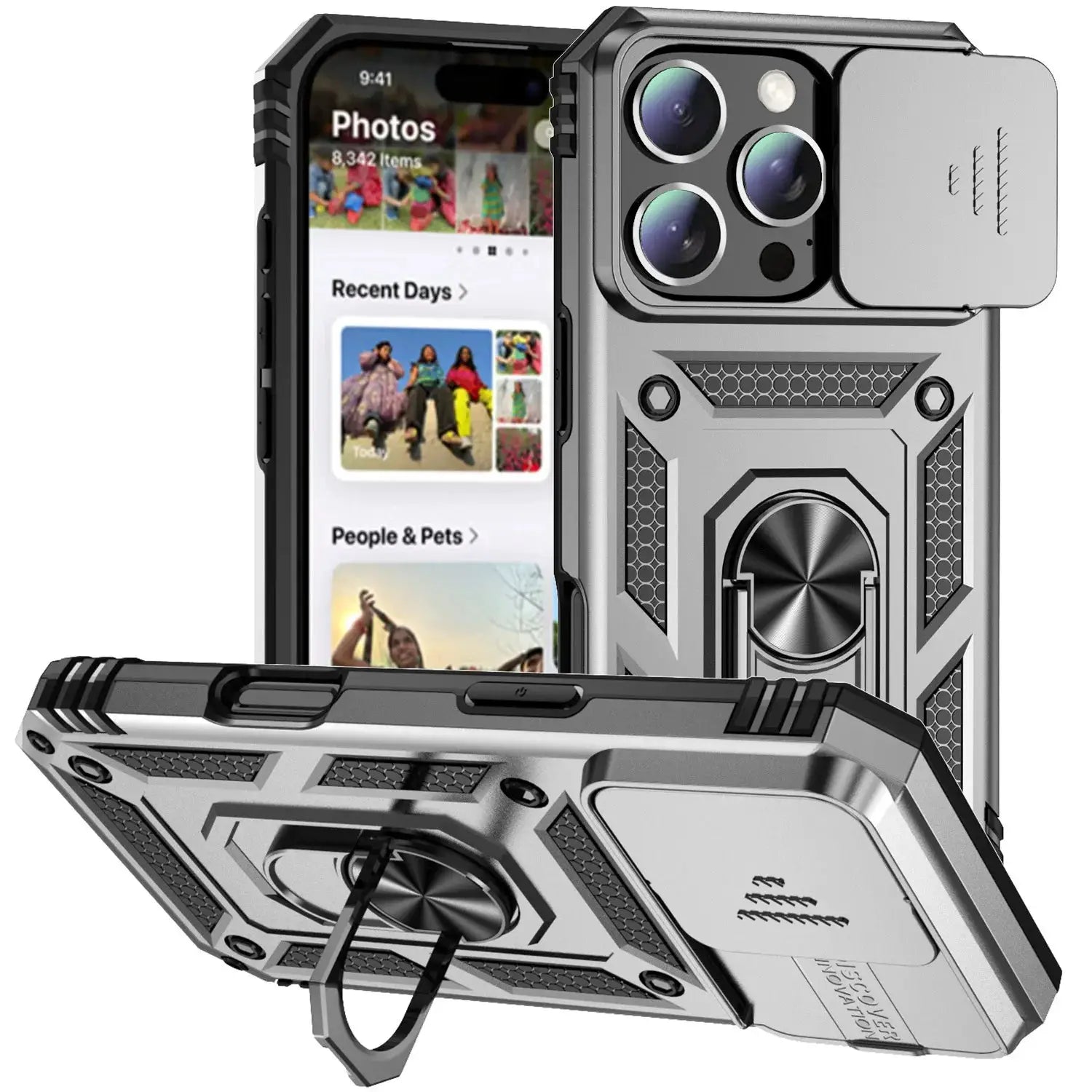 Ring Stand armor case for iPhone by Simples Market; gray metal design with rotating ring and triple-camera cutouts