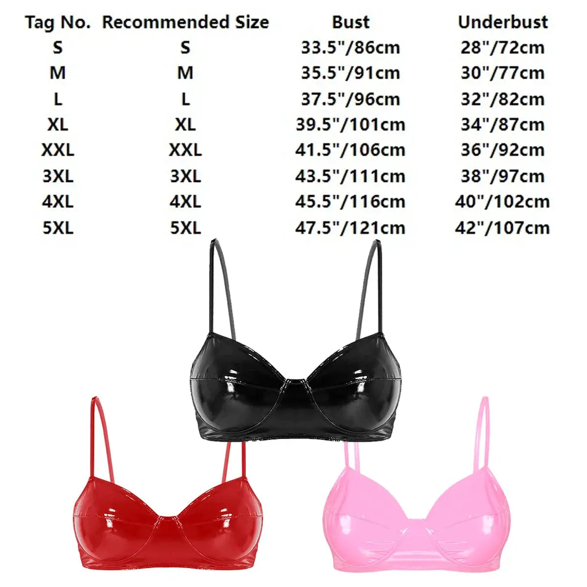 Simples Market glossy patent leather bra top set in black, red and pink, 3-piece clubwear lingerie.