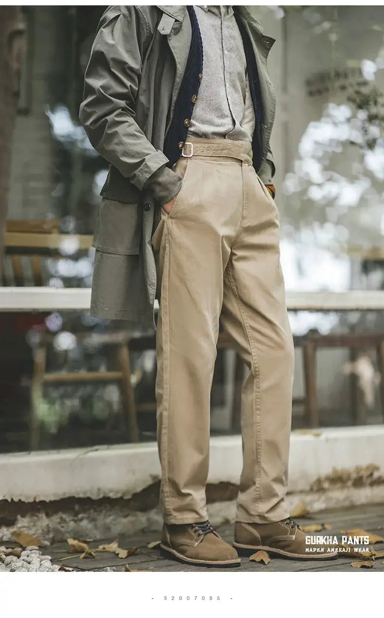 Maden Vintage Khaki Gurkha Pants, adjustable high-waist casual cargo straight trousers by Simples Market.