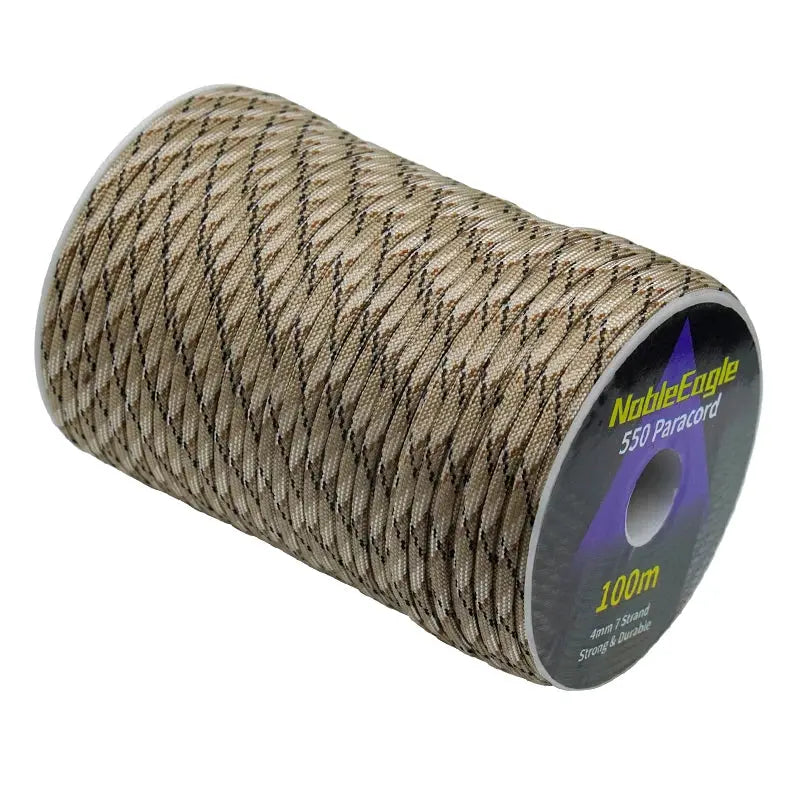 Military 550 paracord rope spool, 4mm 7-strand beige camouflage cord, 100m length, NobleEagle label.