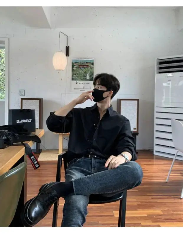 Korean business men's slim-fit solid color long-sleeve top, black, breathable leisure shirt