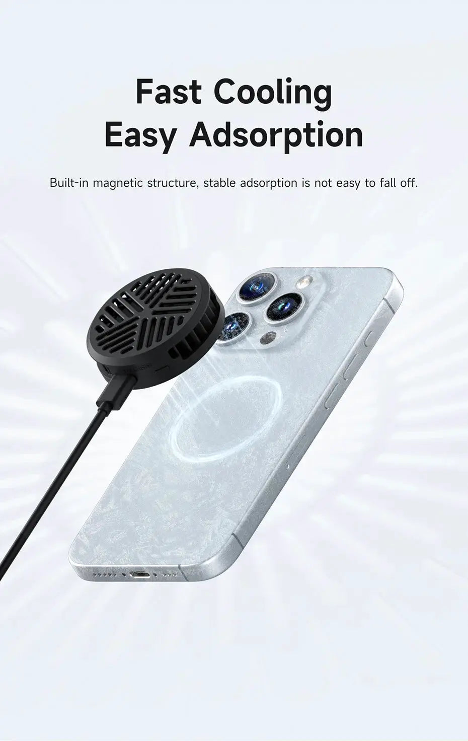 Hagibis magnetic phone cooler; circular black portable cooling fan attached to iPhone 17 Pro