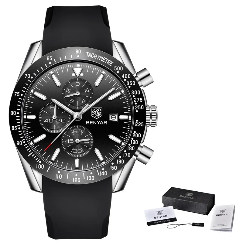 Men's Benyar chronograph watch with black dial, stainless steel case, tachymeter bezel, and black silicone strap