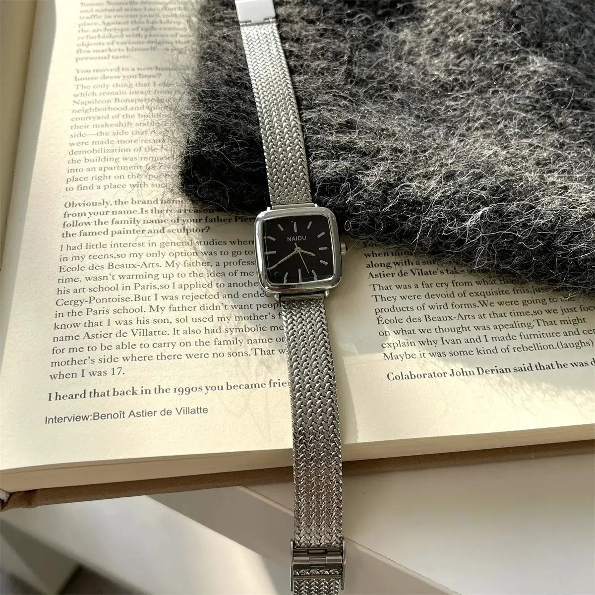 Women's quartz wristwatch with NAIDU stainless steel mesh strap and square black dial