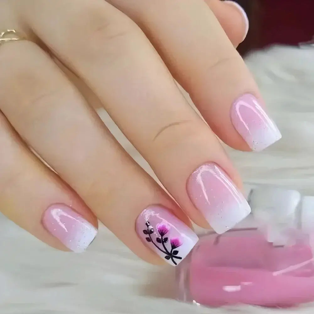 GlamNail Pro 24Pcs Short Square Coffin Press On Nails Set With Glue French Glitter Ballet Style