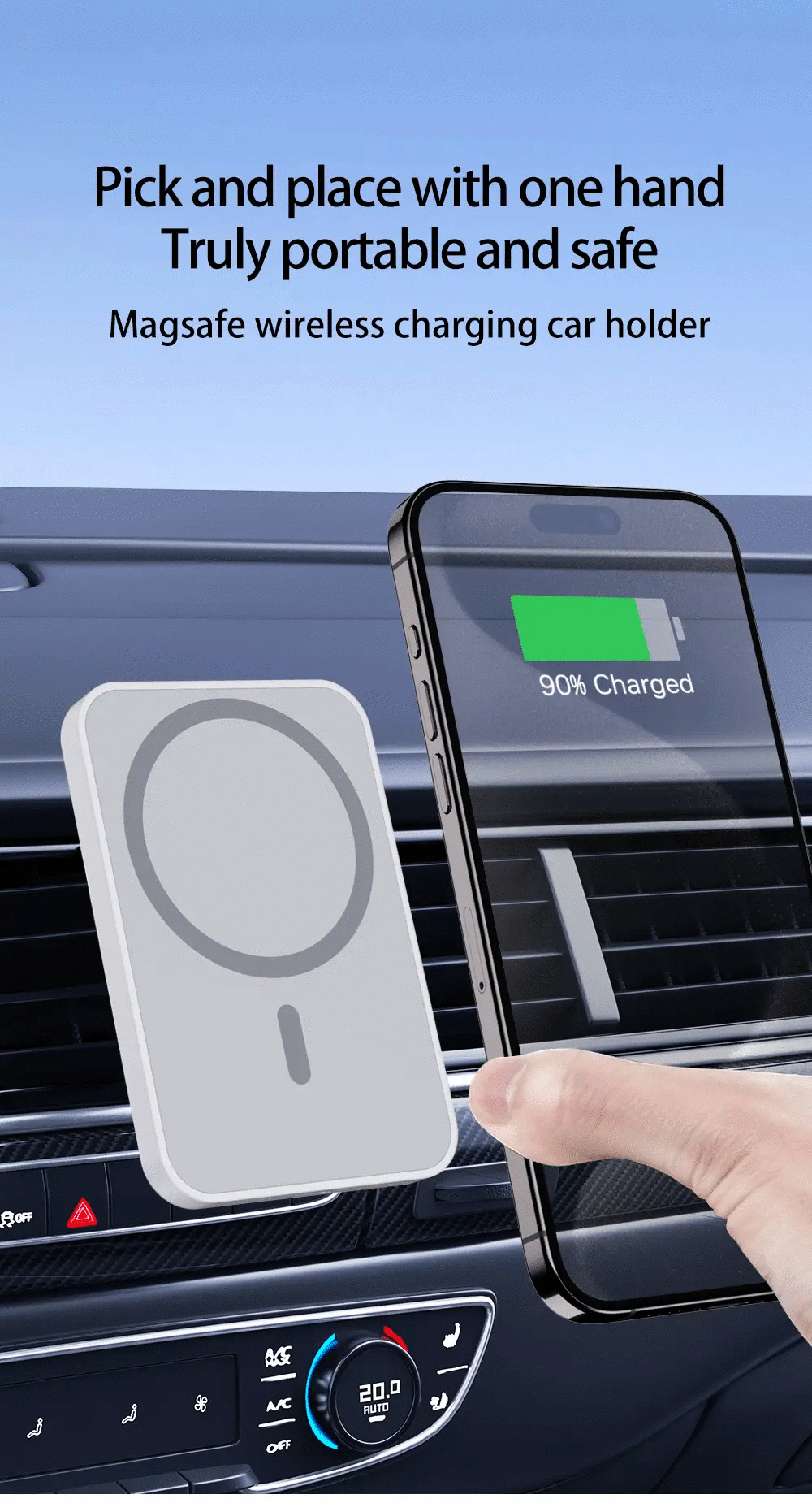 HOMEFISH magnetic car wireless charger and phone holder on car vent, gray compact design