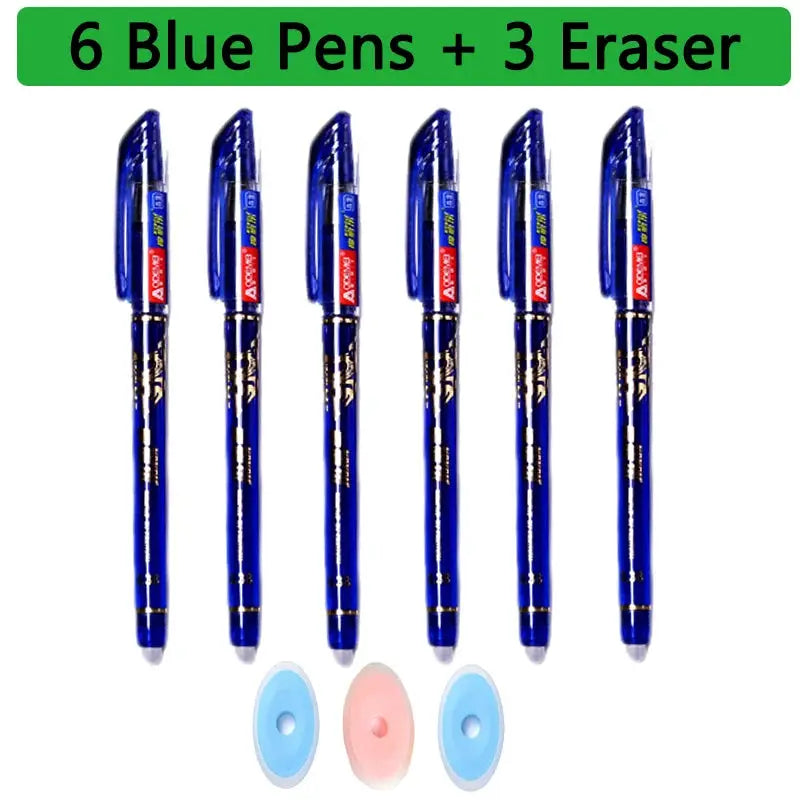 Blue erasable gel pens by Simples Market, six pens plus three erasers