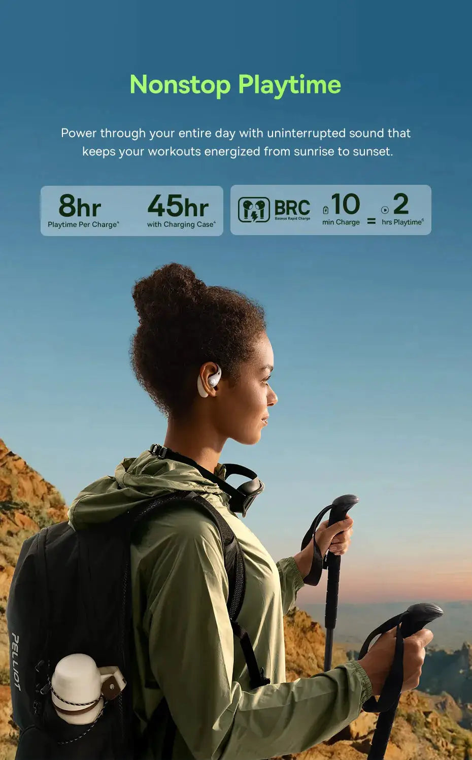 Baseus Eli Sport 2 Open-Ear wireless earphones in white worn by a hiker with backpack and trekking poles.