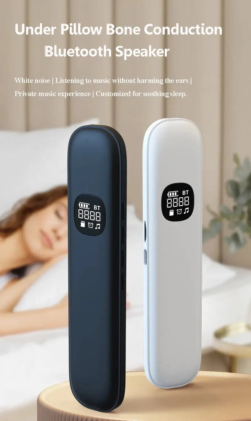Under Pillow Bone Conduction Bluetooth Speaker pair of navy and white with LED displays on a table