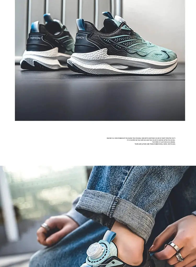 Summer Breathable Casual Sports Shoes for Men by Simples Market, pair of black-teal mesh sneakers with rotating buckle.