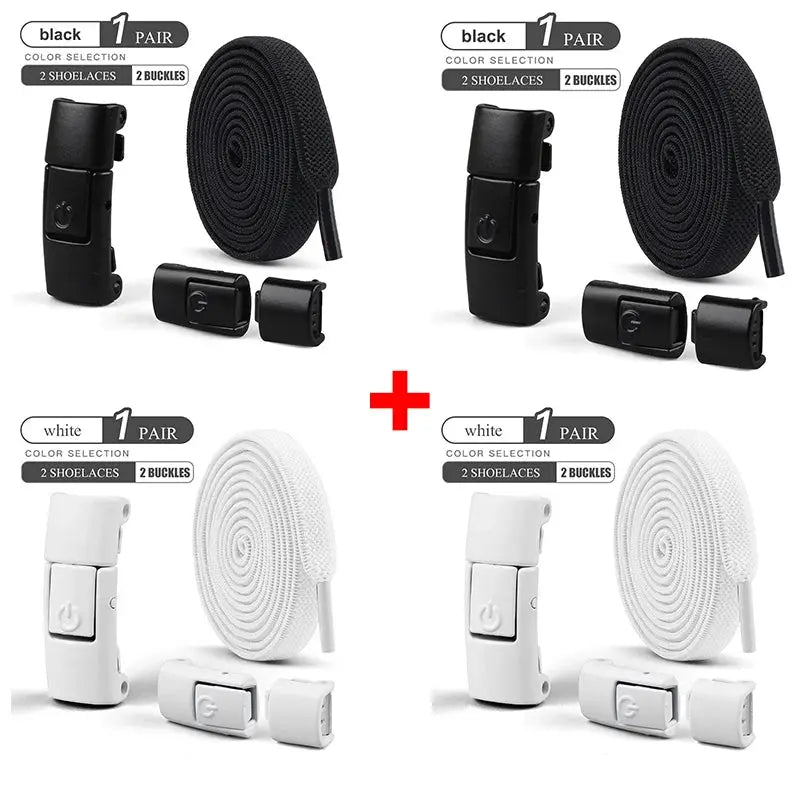 No-tie elastic 8mm flat shoelaces with press-lock, Simples Market; black and white sets, 4 pairs shown