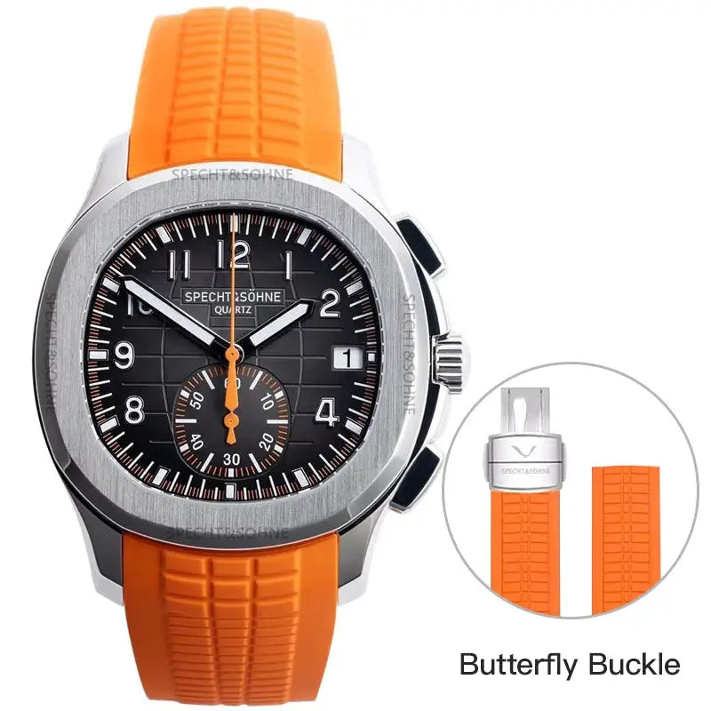 Specht & Söhne New Classic 5167 men's watch with orange silicone strap, black dial, stainless steel case, 50m water resistant