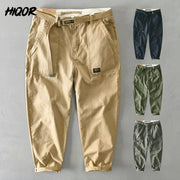 Men's cotton cargo pants with belt in khaki by HiQor; also shown in navy, olive, and gray (4 colors)
