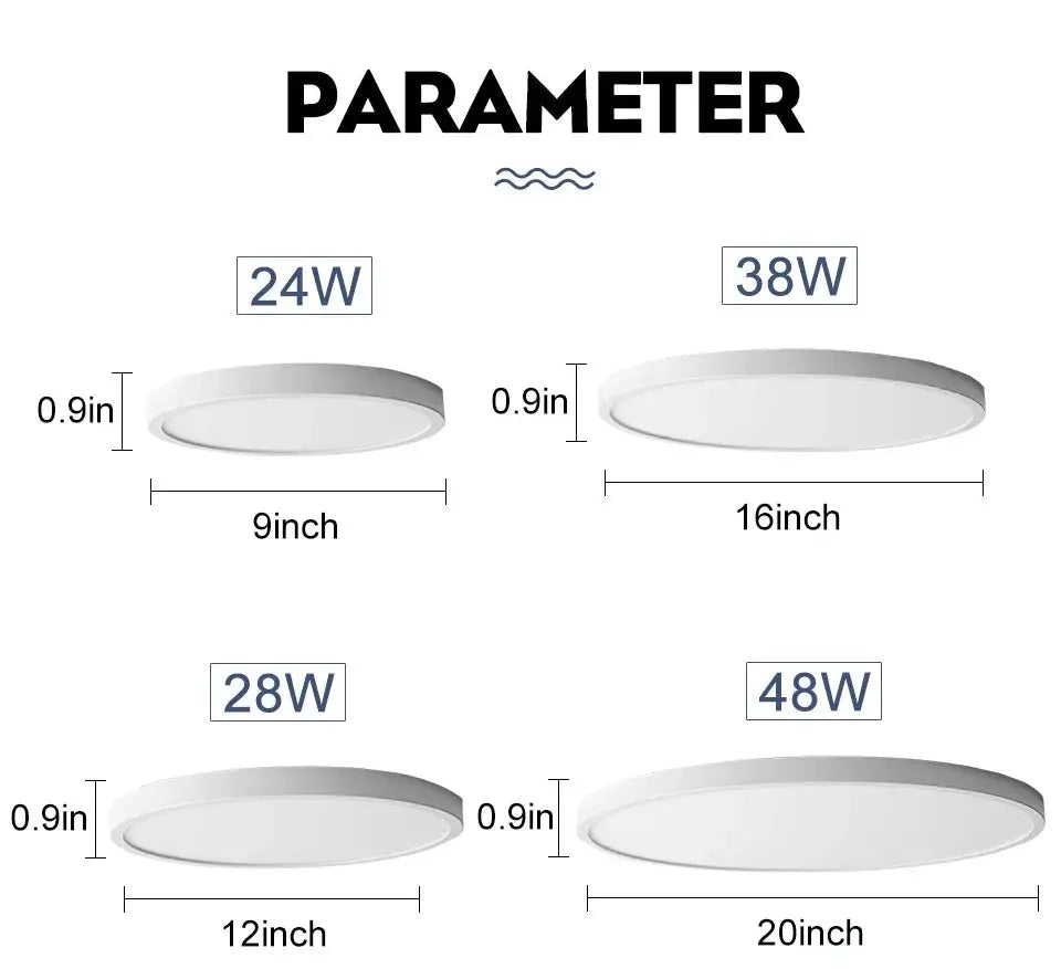 MARPOU ultra-thin LED ceiling light, four sizes (9–20in), 24/28/38/48W, warm/cool/neutral white, Simples Market