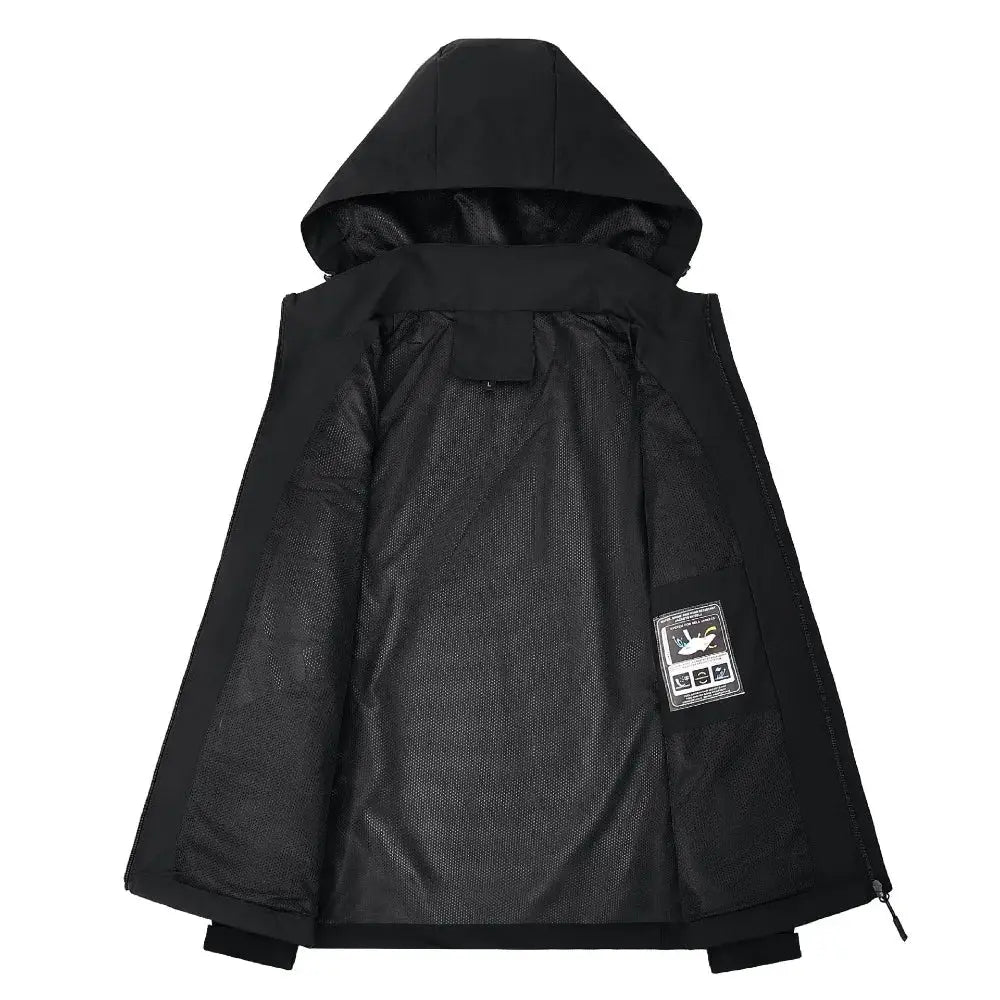 Men's waterproof hooded rain jacket by Simples Market, black lightweight outdoor raincoat