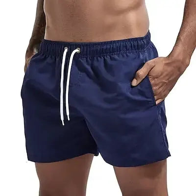 Simples Market men's navy blue swim shorts with white drawstring and side pockets