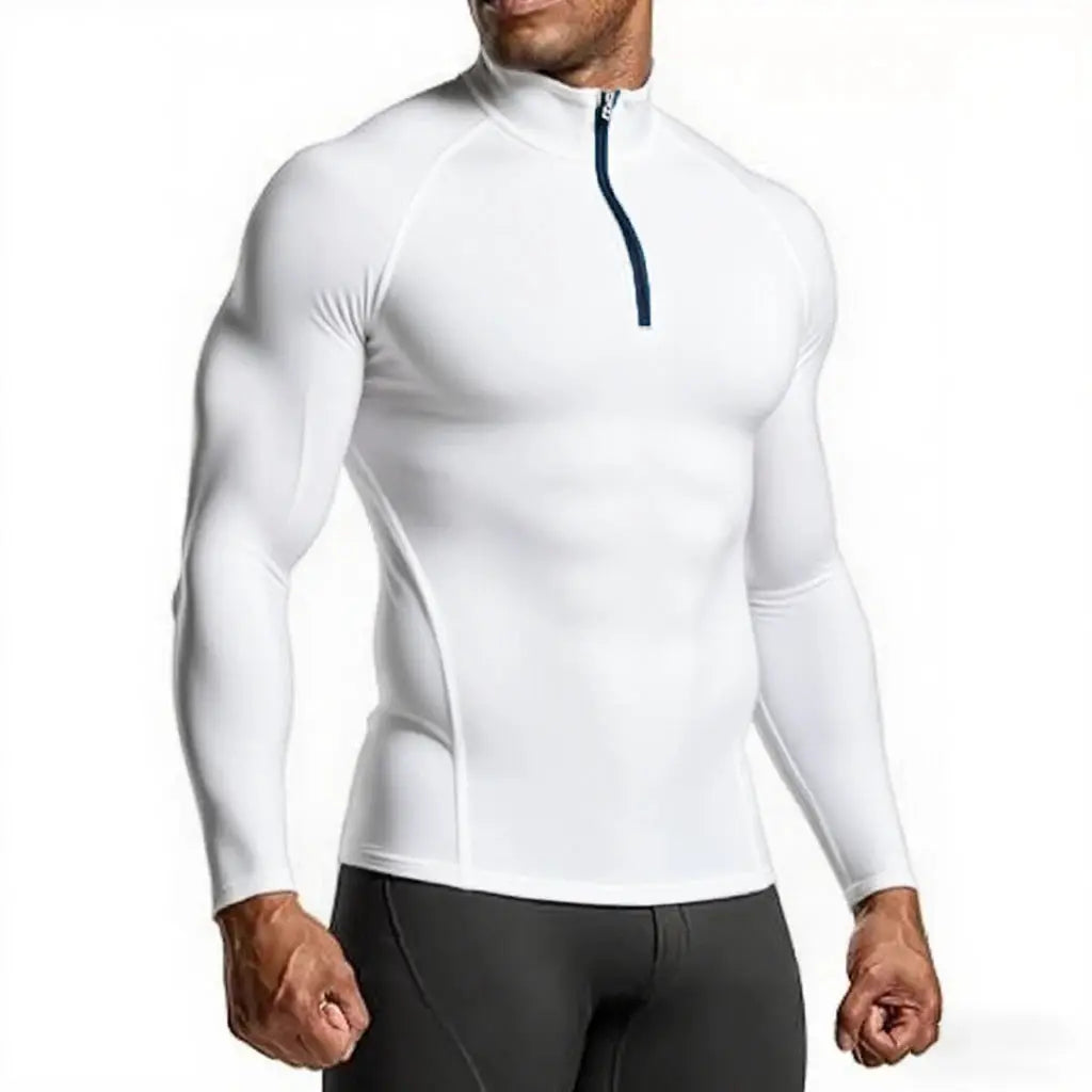 Men's white compression long-sleeve athletic shirt with a navy quarter-zip collar.