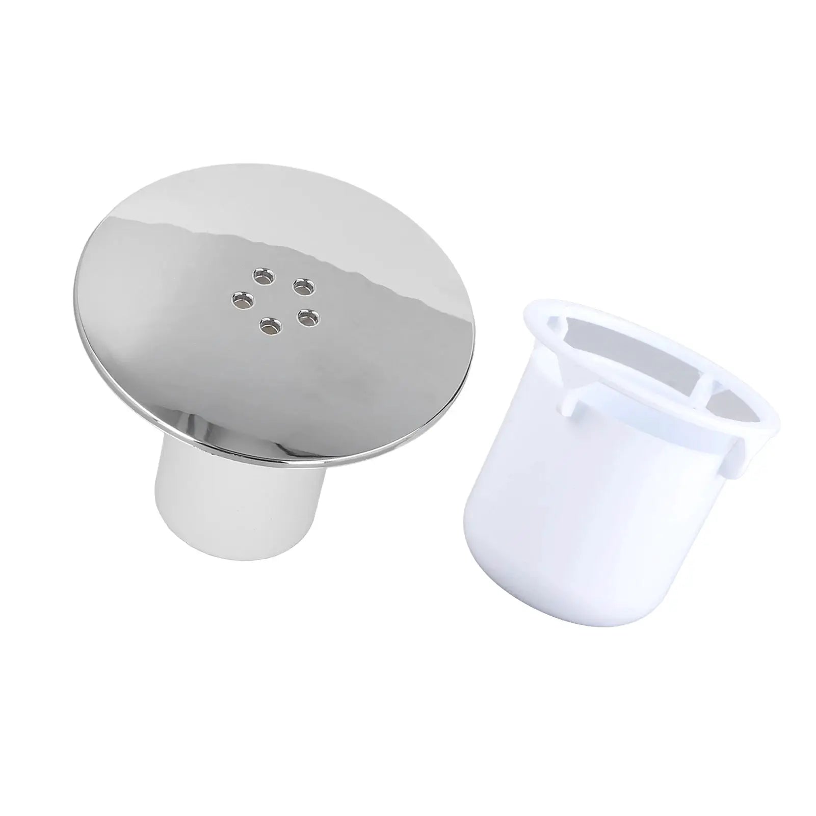 Shower drain cover and white plastic trap insert; chrome metal disc with small drainage holes
