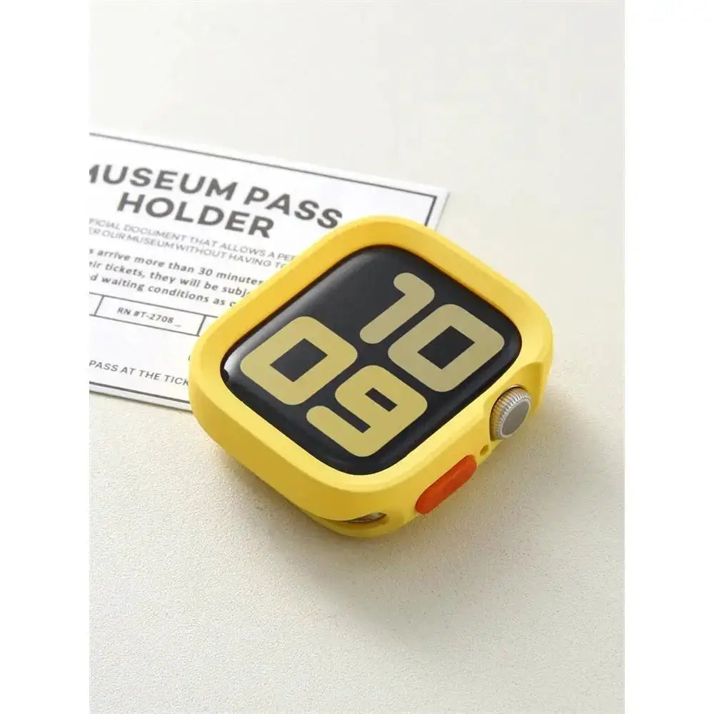 Yellow silicone bumper case for Apple Watch, anti-drop matte cover; designed for 40-49mm sizes, fits multiple models