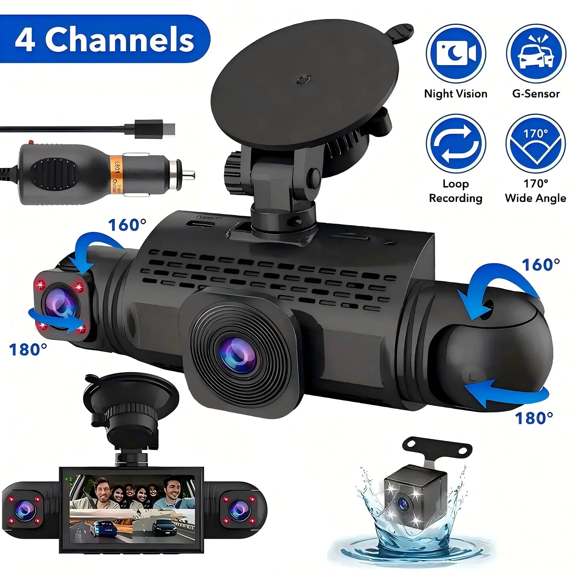 Car dash cam 4-channel black box with front/left/right/rear cams, night vision, loop recording, hardwire kit