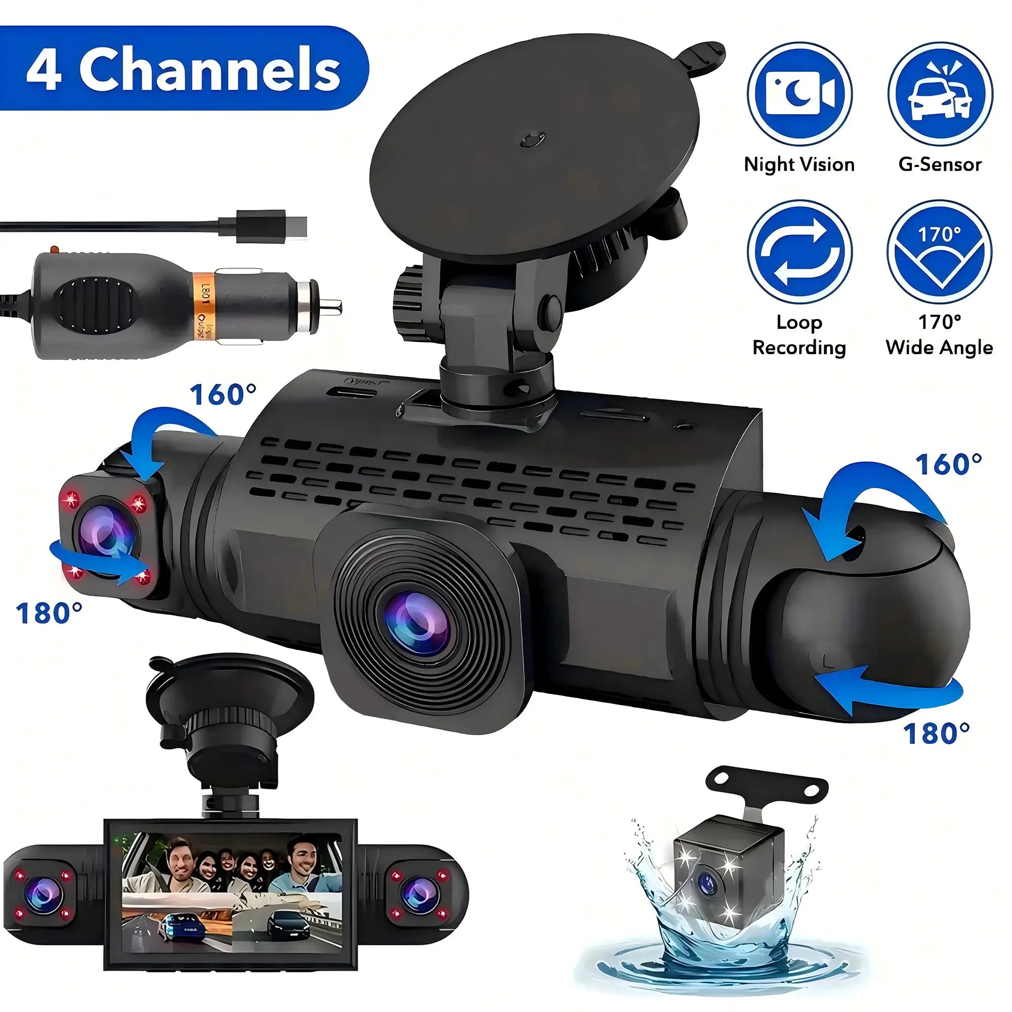 Car dash cam 4-channel black box with front/left/right/rear cams, night vision, loop recording, hardwire kit