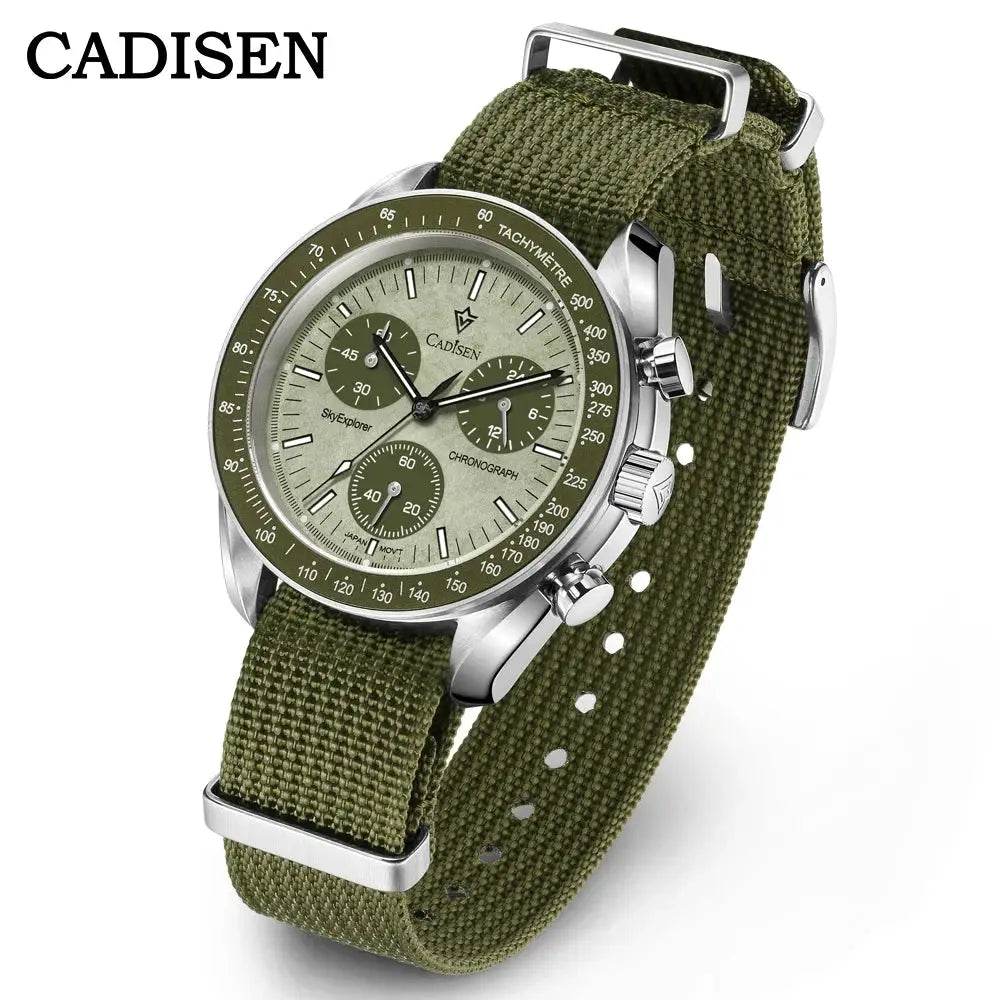 CADISEN men's olive canvas-strap chronograph watch with tachymeter bezel