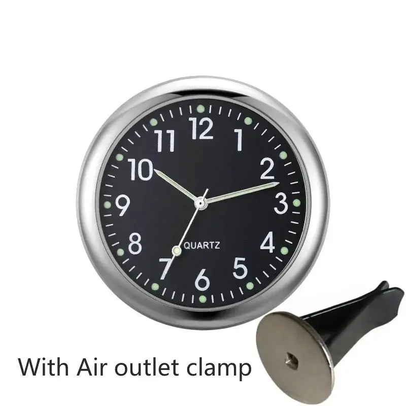 Car clock with air outlet clamp, black dial, luminous markers, quartz movement by Simples Market