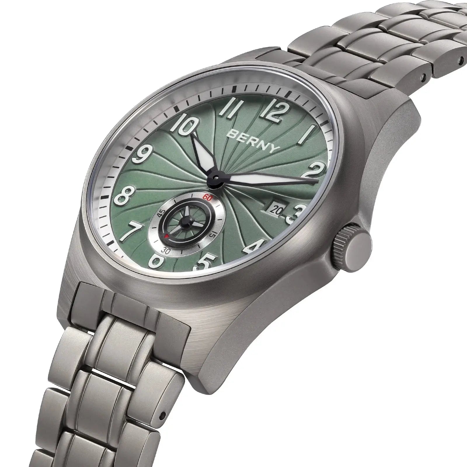 BERNY titanium automatic men's watch with green dial, sapphire crystal, 10ATM water resistance and date window
