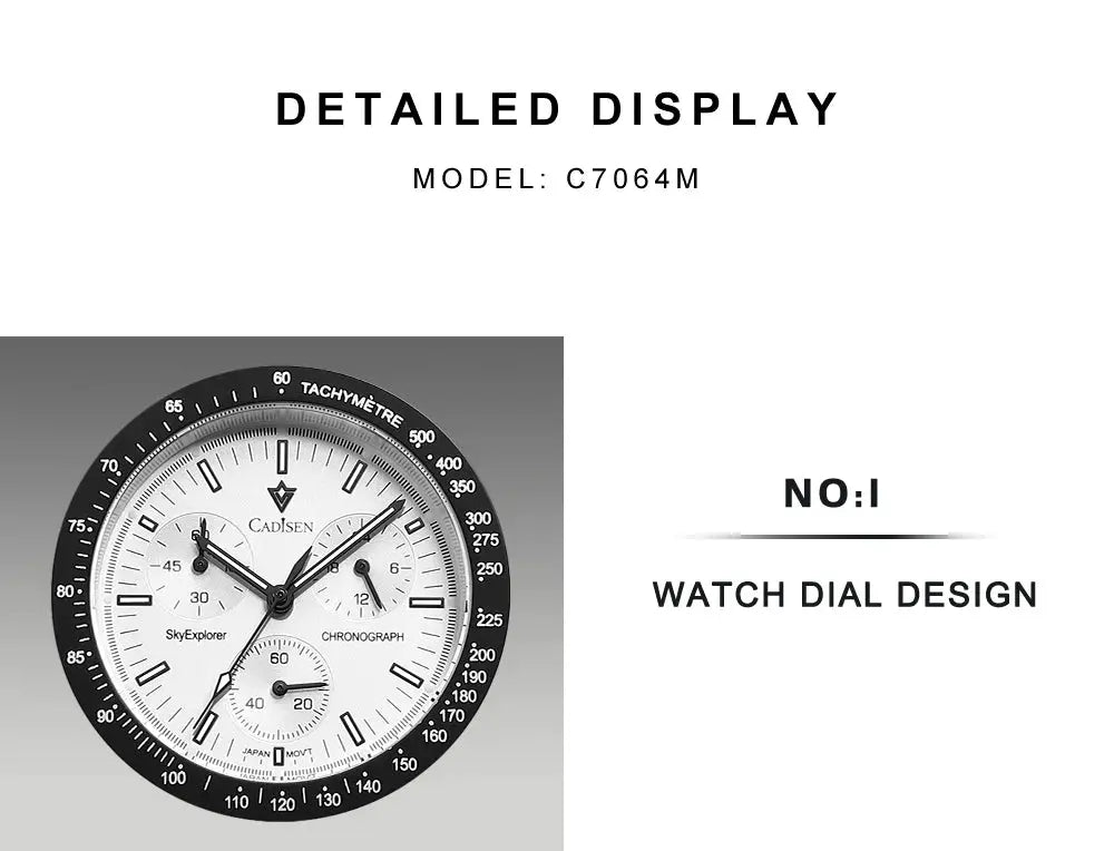 CADISEN men's wristwatch with white dial, black tachymeter bezel and chronograph subdials