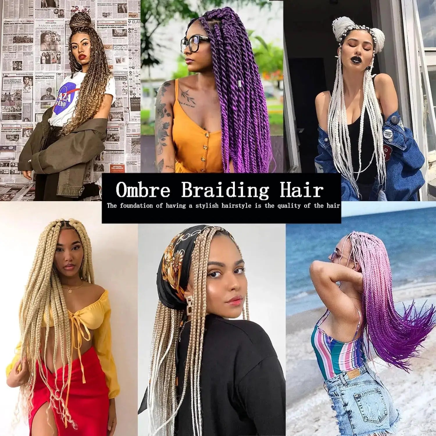 Long 24-inch jumbo braid extensions by Simples Market; Afro Kanekalon synthetic braids in ombre blonde, purple, white