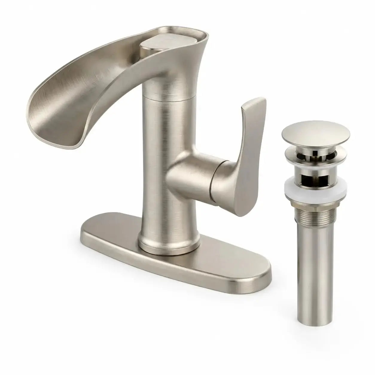Modern waterfall bathroom faucet, brushed nickel finish, deck-mount with base plate and pop-up drain by Simples Market