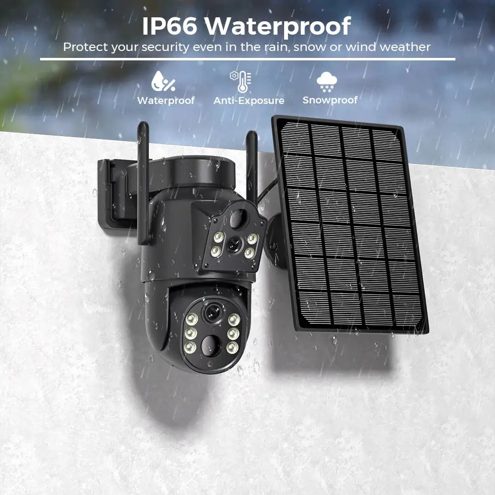 Simples Market 8MP solar WiFi security camera with dual-lens design and attached solar panel, black