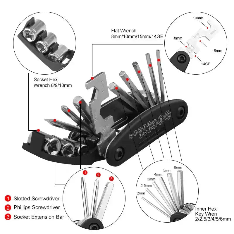 16 In 1 Multipurpose Bike Repair Tool Kit Bicycle Multi Tool with Screwdrivers Tire Levers Hex Spoke Wrench Folding