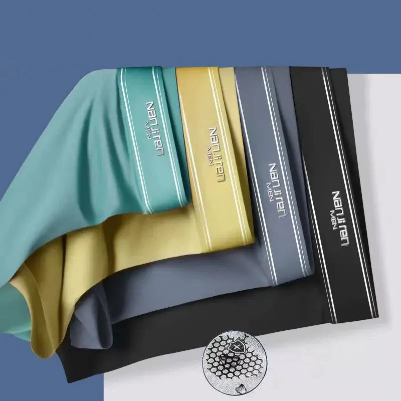 4-pack men's ice silk boxer shorts with white piping in teal, gold, gray, and black