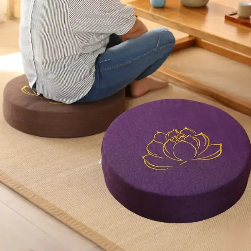 Yoga meditation cushion; two cushions: purple lotus-embroidered and brown, Simples Market, removable washable