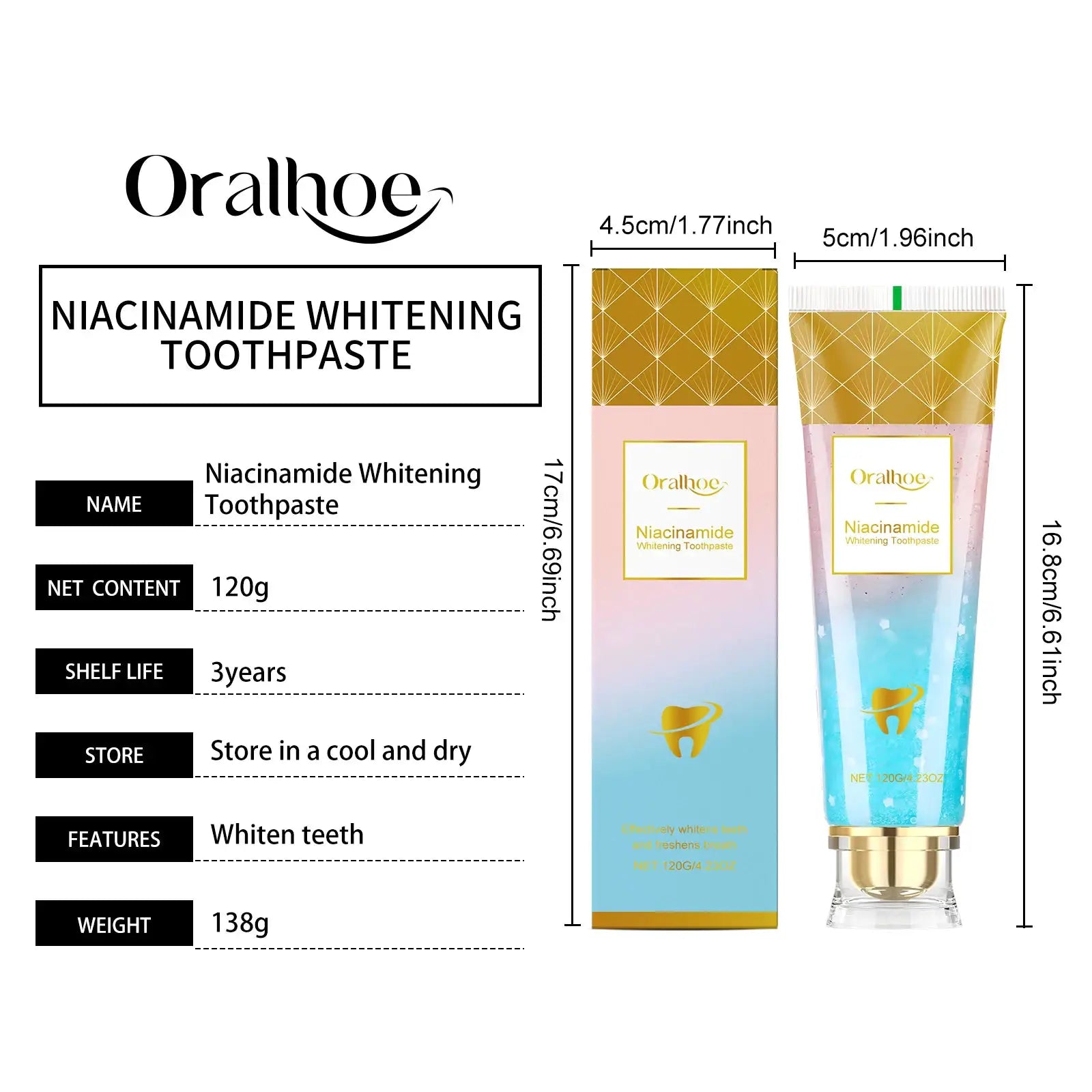 Niacinamide Whitening Toothpaste, Simples Market; two gradient pink-to-blue tubes with gold geometric pattern