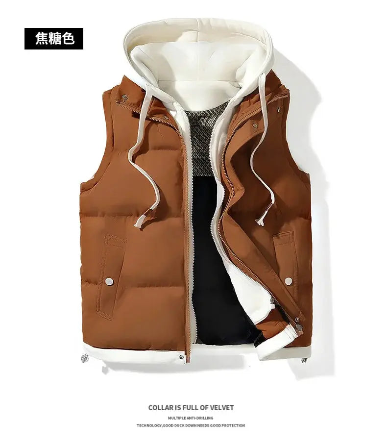 Korean fashion hooded vest for men, brown sleeveless with white interior and zip front