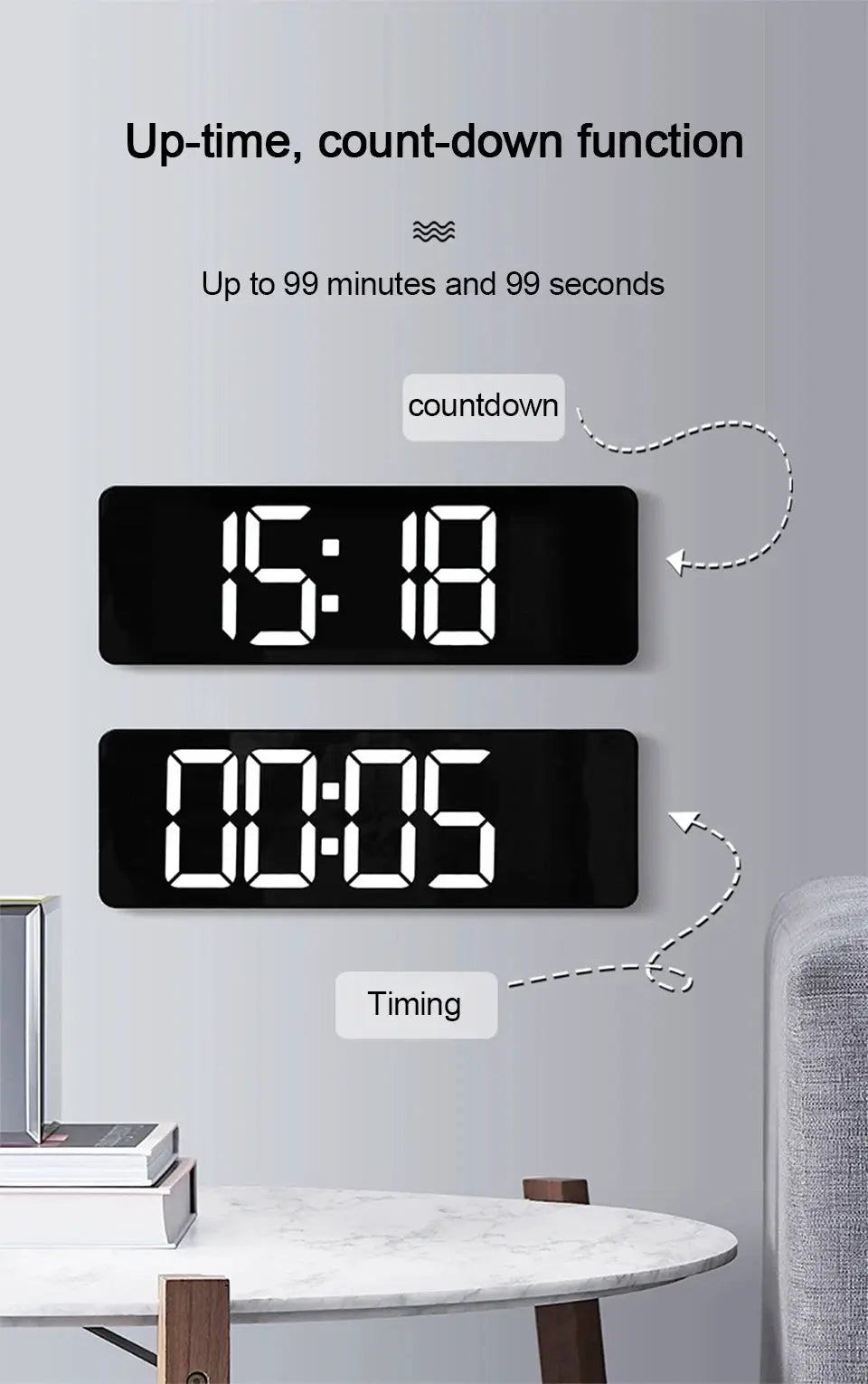 Two black digital LED wall clocks displaying time and countdown timer on the wall