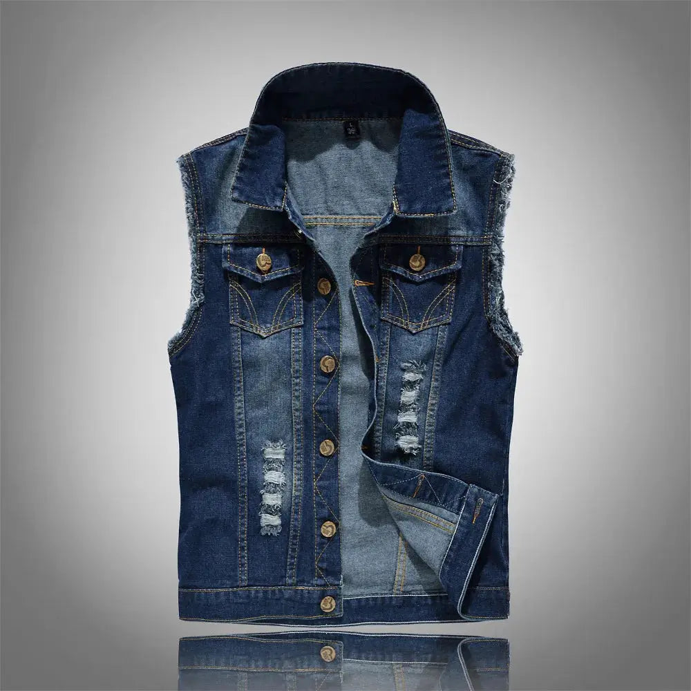 Men's light-blue denim vest with distressed rips, button front, sleeveless with front pockets