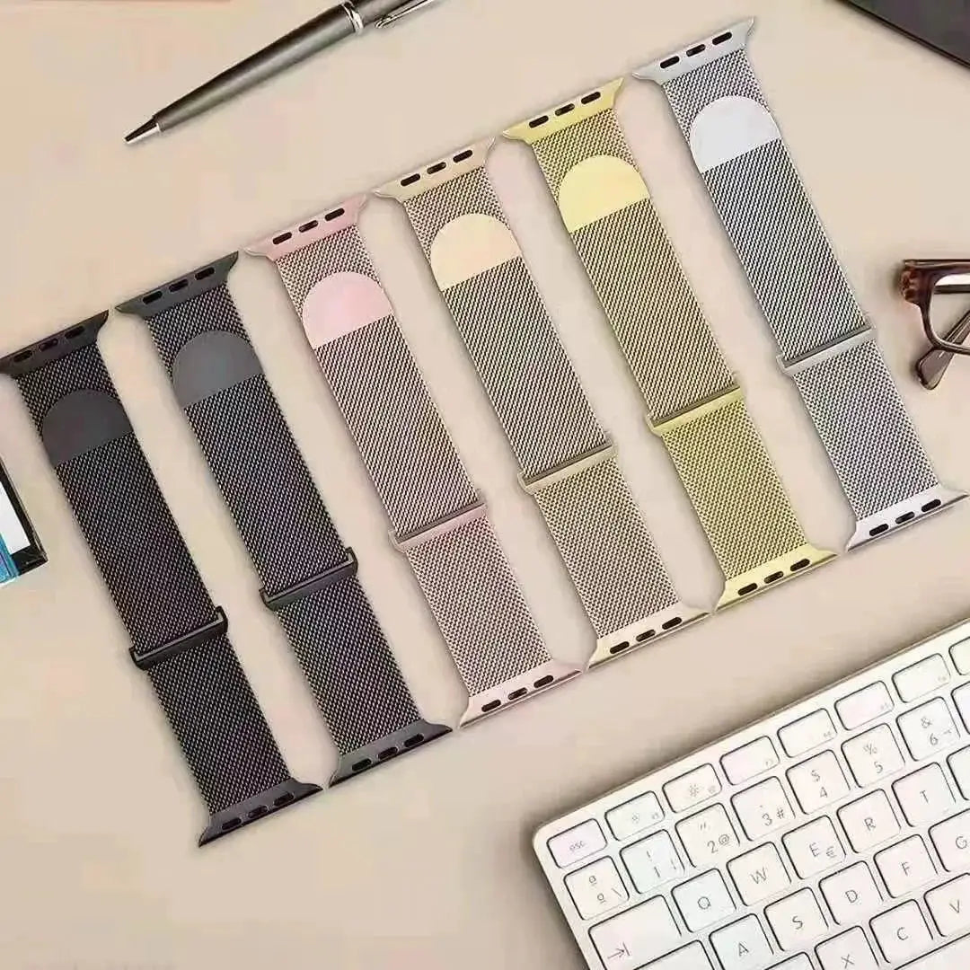 Metal Milanese Apple Watch strap set in 8 colors; magnetic mesh bands for 40–49mm watches