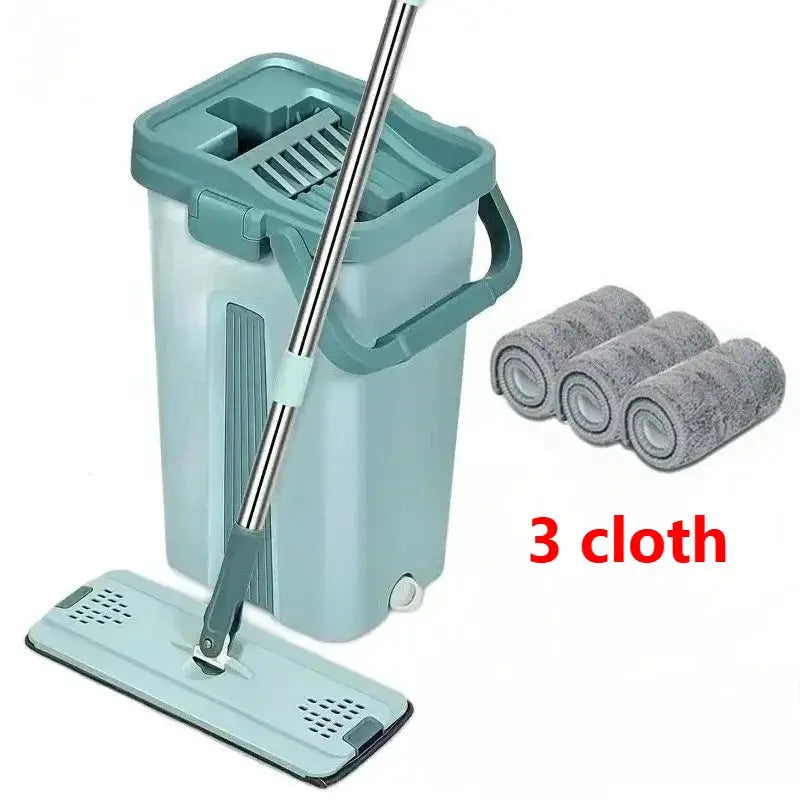 Flat squeeze mop with bucket by Simples Market, teal bucket, stainless handle, microfiber pads; includes 3 cloths