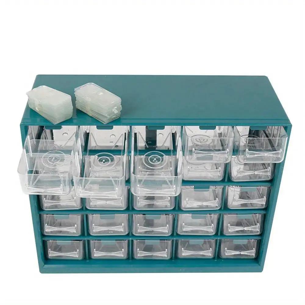 25-compartment wall-mounted parts box in teal with clear plastic drawers for small parts storage