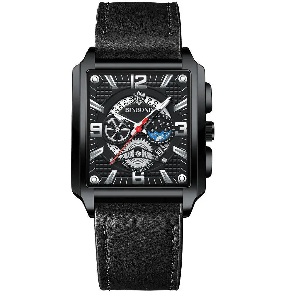 BINBOND men's square black leather-strap quartz watch with date indicator and multi-dial display