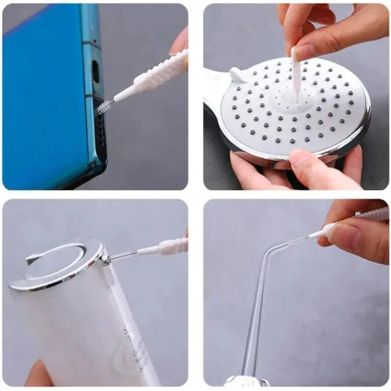 4-piece shower cleaning tool set with white micro nylon brush heads and chrome nozzle cleaner