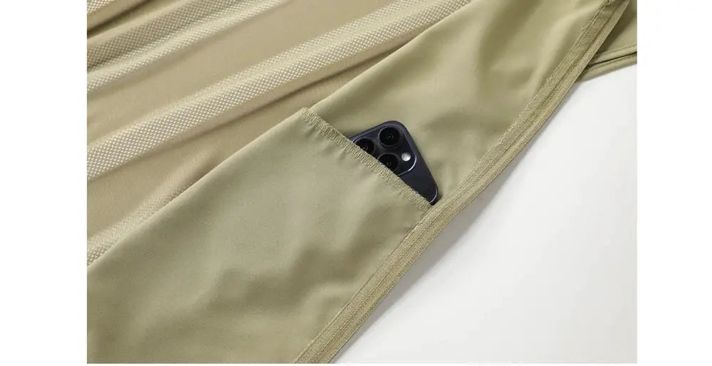 Summer men's mesh breathable quick-dry sleeveless vest in khaki with a side pocket holding a smartphone