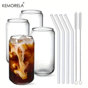 Can Shaped Drinking Glasses 4 Set With Glass Straws And Cleaning Brushes For Beer Iced Coffee Whiskey Soda Tea Water