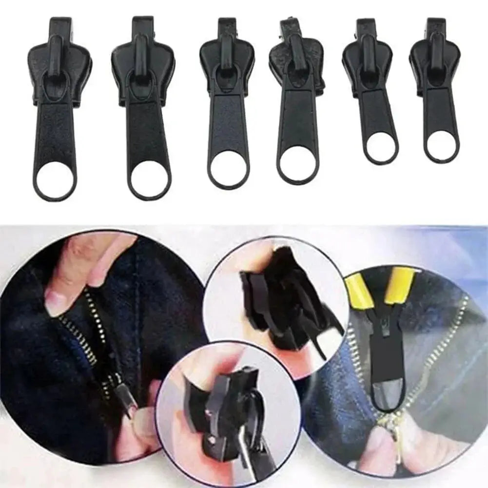 Simples Market zipper repair kit; six black slider pulls for clothes and bags, universal 3 sizes