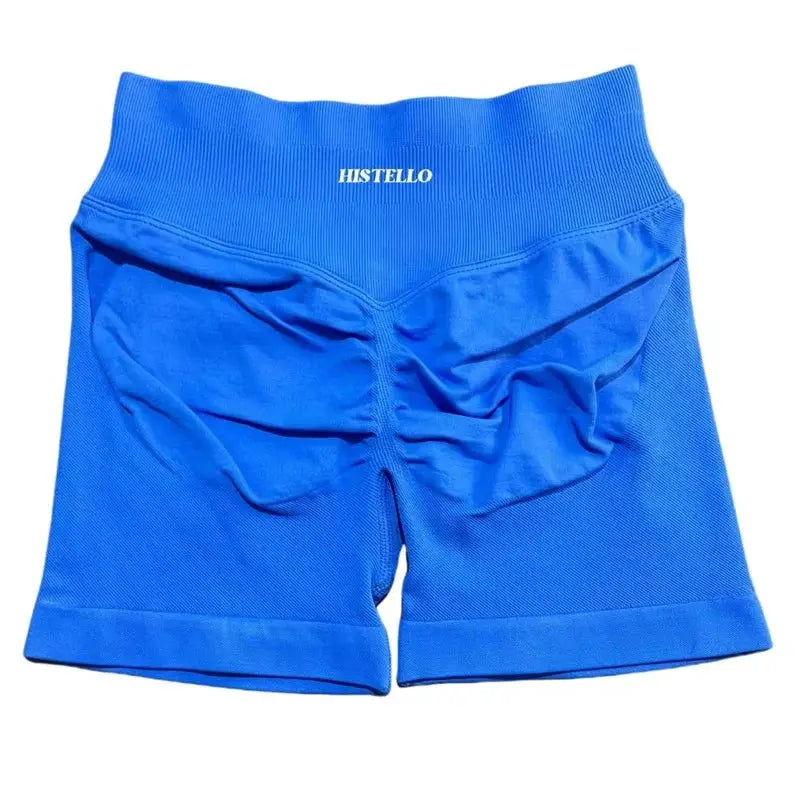 Blue HISTELLO women's sports shorts, low waist, seamless scrunch back, breathable stretchy fabric