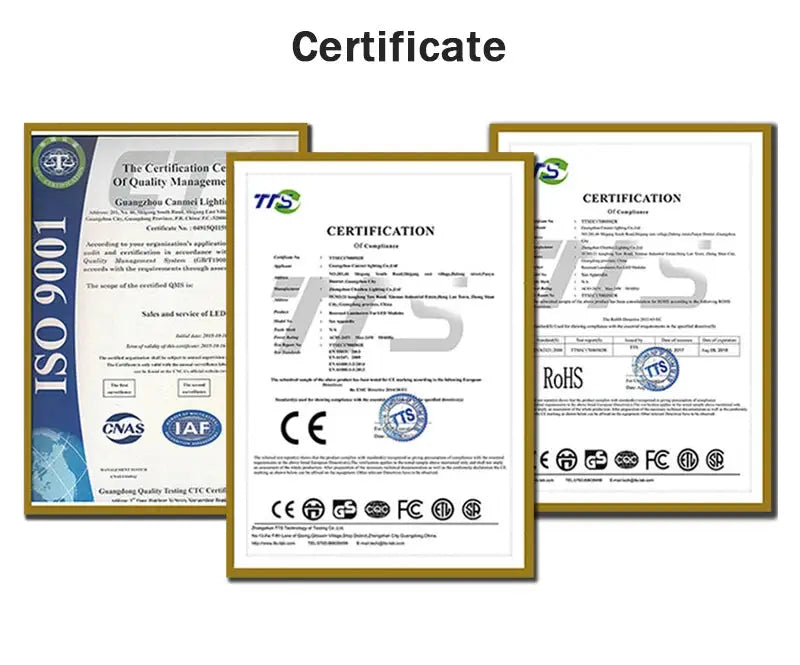 Three framed ISO certification certificates displayed on a white background.